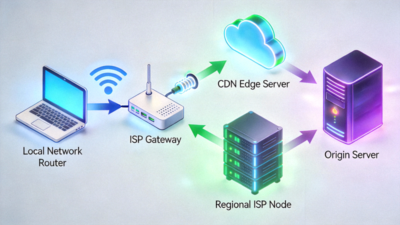 Animasi diagram yang menunjukkan alur akses internet dari pengguna ke server melalui berbagai jalur jaringan