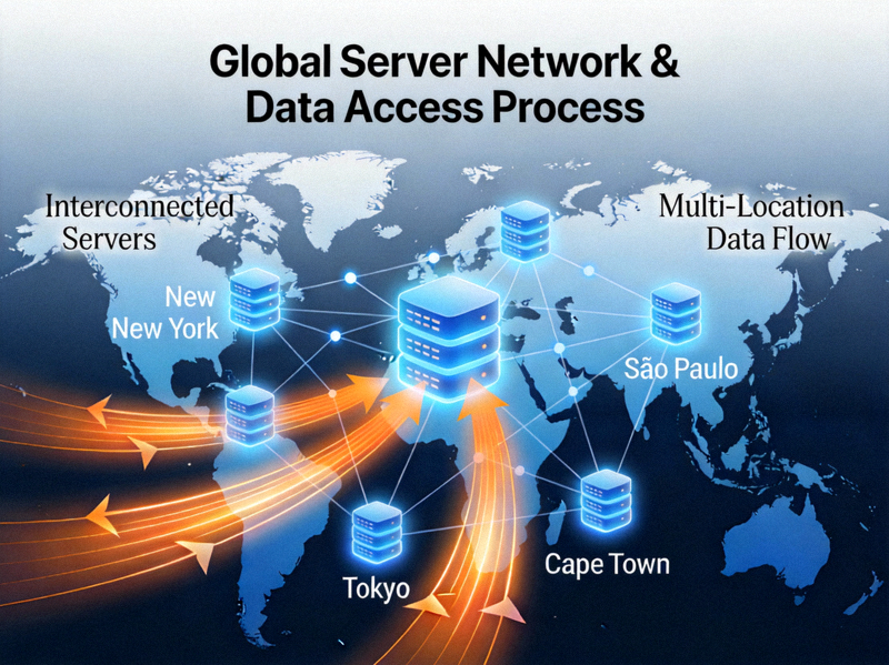 Ilustrasi grafis jaringan server global yang saling terhubung dan proses akses data dari berbagai lokasi di dunia