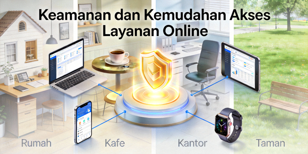 Ilustrasi konsep keamanan dan kemudahan dalam mengakses layanan online dari berbagai lokasi