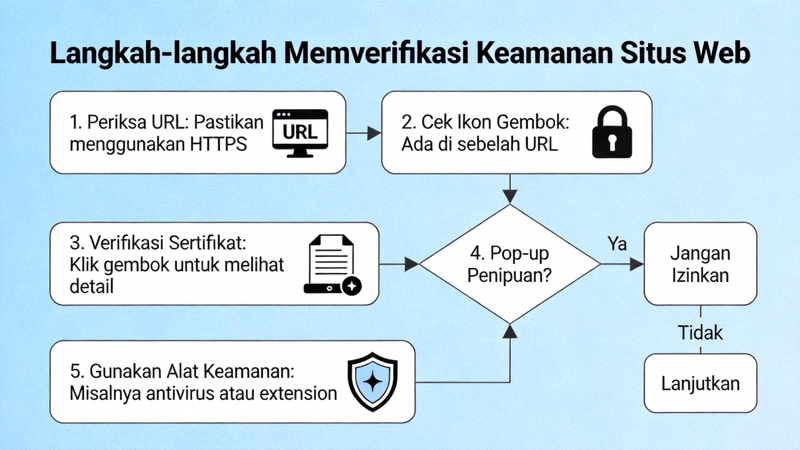 Diagram alur sederhana tentang langkah-langkah memverifikasi keamanan sebuah situs web sebelum mengaksesnya