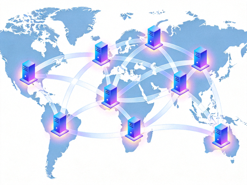 Ilustrasi abstrak tentang koneksi jaringan dan server di seluruh dunia
