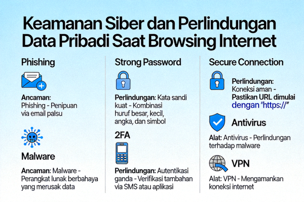 Gambar infografis tentang keamanan siber dan perlindungan data pribadi saat browsing internet