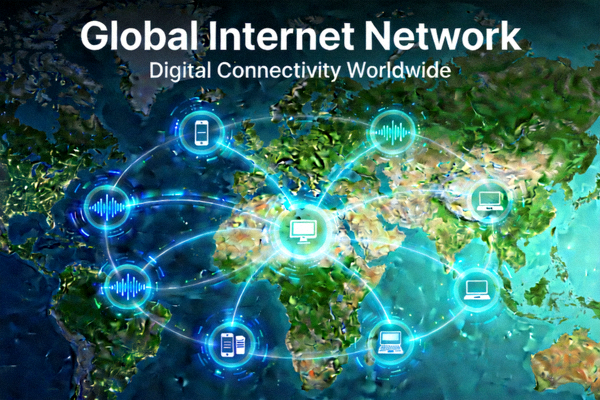 Ilustrasi grafis tentang konsep jaringan internet global dan konektivitas digital di seluruh dunia