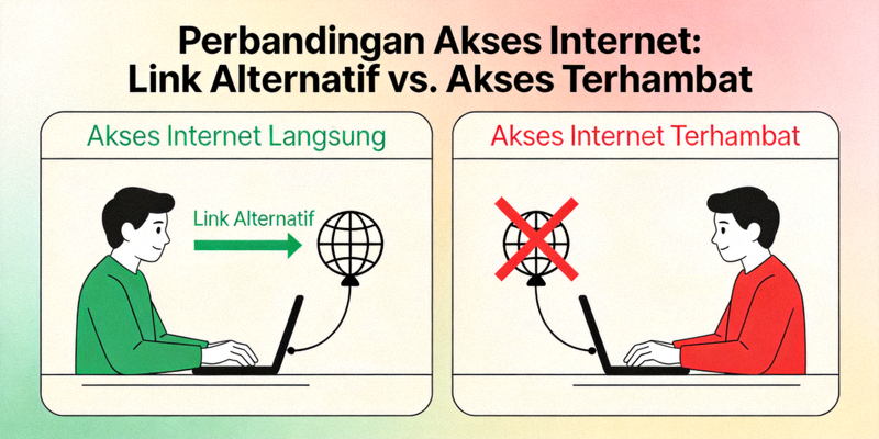 Ilustrasi grafis yang menunjukkan perbandingan akses internet langsung dengan menggunakan link alternatif versus akses yang terhambat