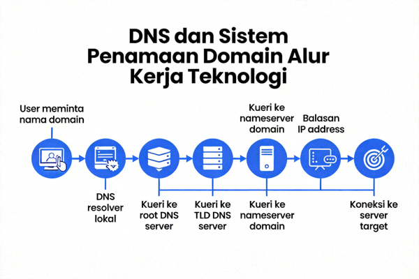 Visualisasi diagram alur kerja teknologi DNS dan sistem penamaan domain di internet