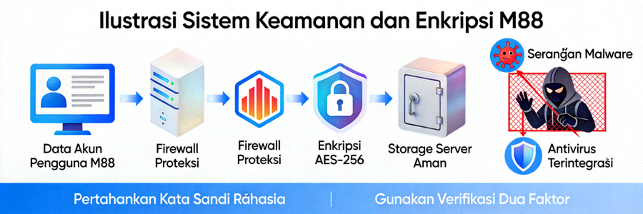 Ilustrasi sistem keamanan dan enkripsi yang melindungi data akun pengguna M88