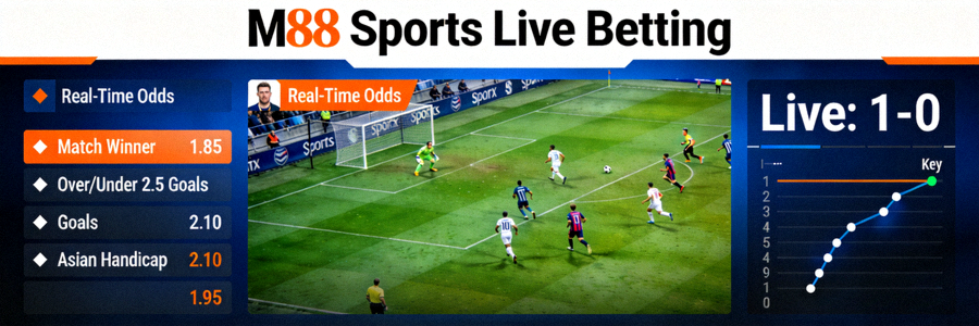 Tampilan live betting M88 Sports dengan odds real-time dan berbagai pilihan pasar taruhan